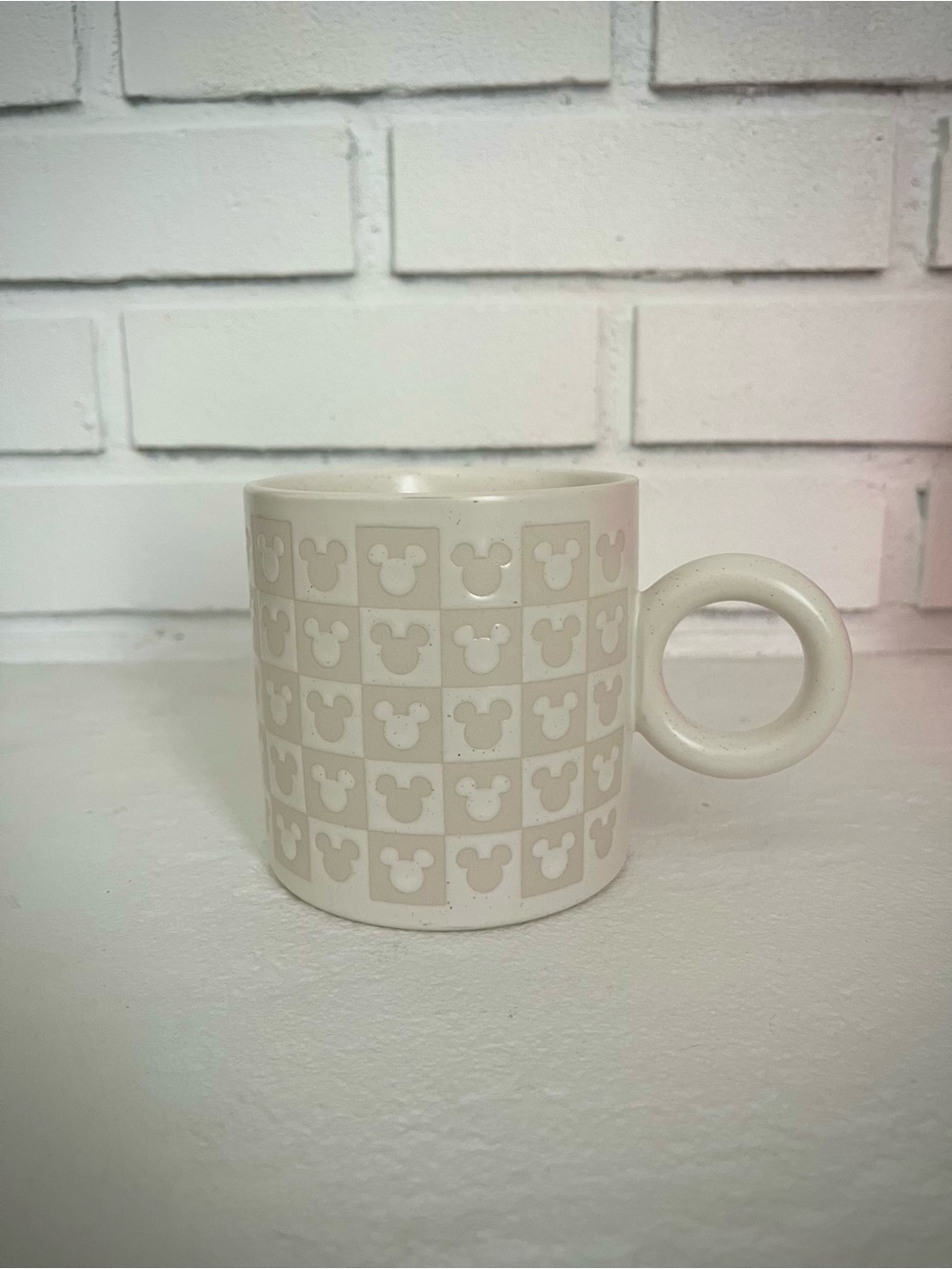 Neutral Checkered Embossed Disney Mickey Ear Ceramic Mug - White - 15 oz